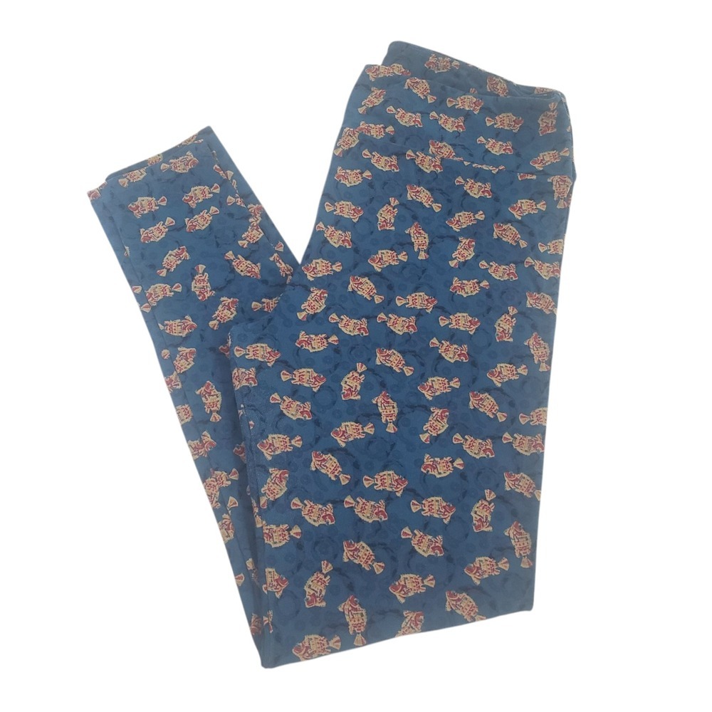 LuLaRoe Tall & Curvy Leggings‎ Womens Blue Fish Pattern Ocean Stretch Pull On